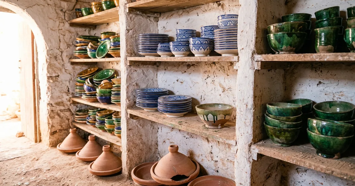 Wooden shelves in a Moroccan pottery workshop with polychrome plates, blue and white bowls and green-glazed earthenware