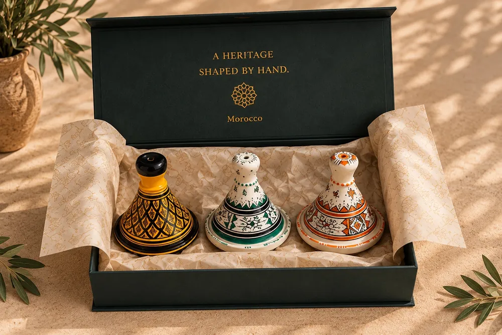 Souvenir Express gift box: a dark green box with gold lettering holding three hand-painted mini tagines on patterned tissue paper