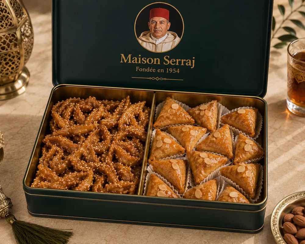 Moroccan pastry box with chebakia and almond briouates