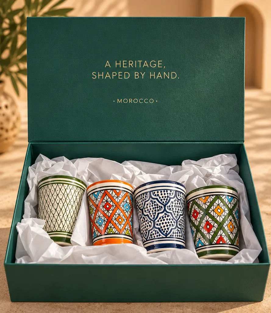 Quatre verres à thé peints à la main dans un coffret vert foncé garni de papier de soie
