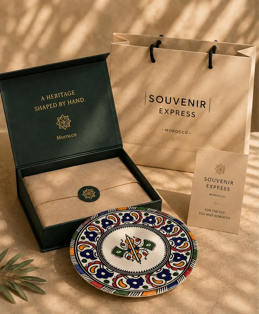 Coffret cadeau vert foncé à lettrage doré, assiette peinte, sac kraft et carte Souvenir Express