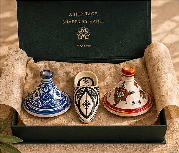 Gift box with two hand-painted mini tagines and a miniature babouche