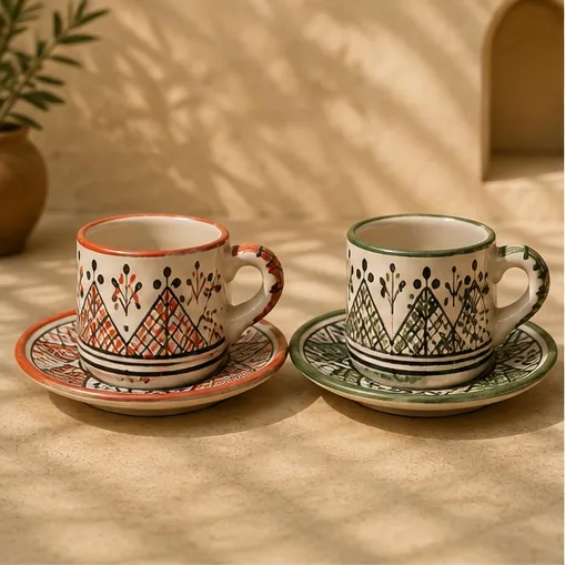 Deux tasses à café en céramique peintes à la main, posées sur leurs soucoupes