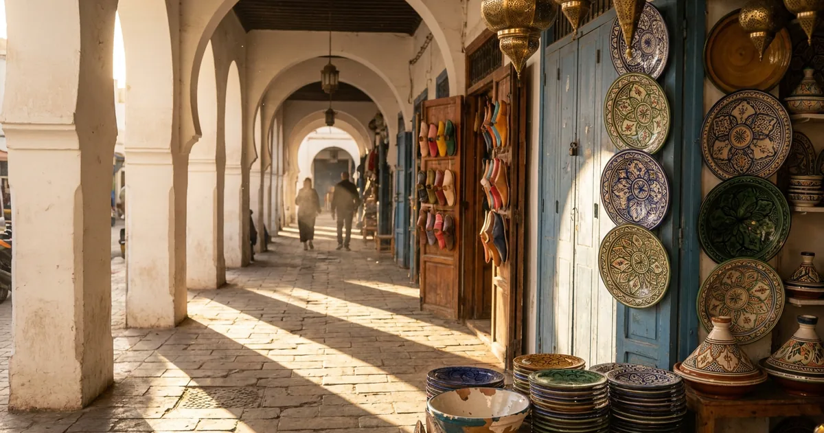 Shopping arcade in the Habous quarter of Casablanca with hand-painted plates, babouches and brass lanterns in late-afternoon light