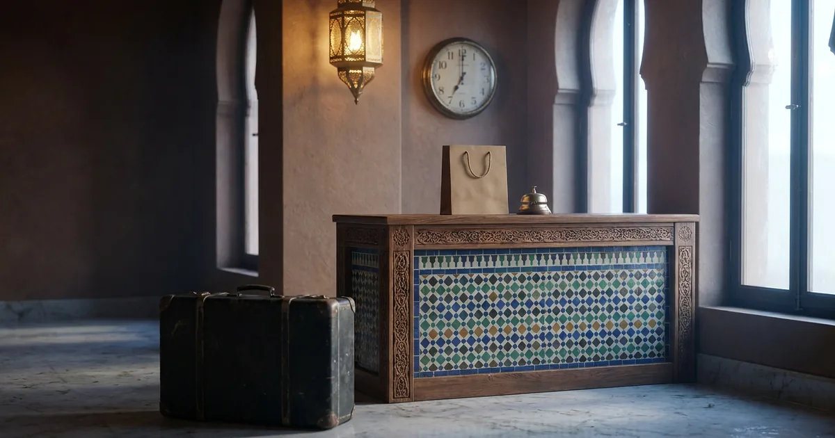 Moroccan hotel lobby in the morning with a suitcase beside a carved wooden reception desk and a kraft paper gift bag