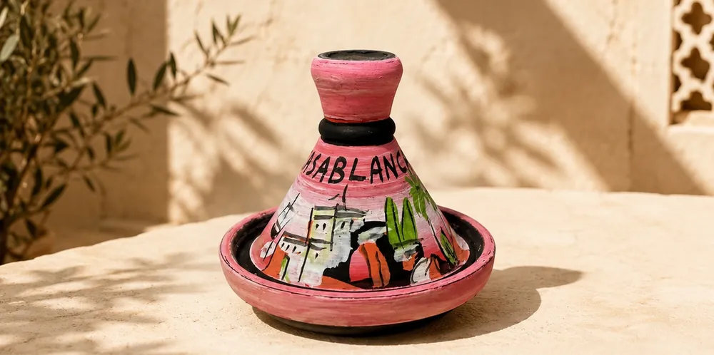 Hand-painted decorative mini tagine with a Casablanca design