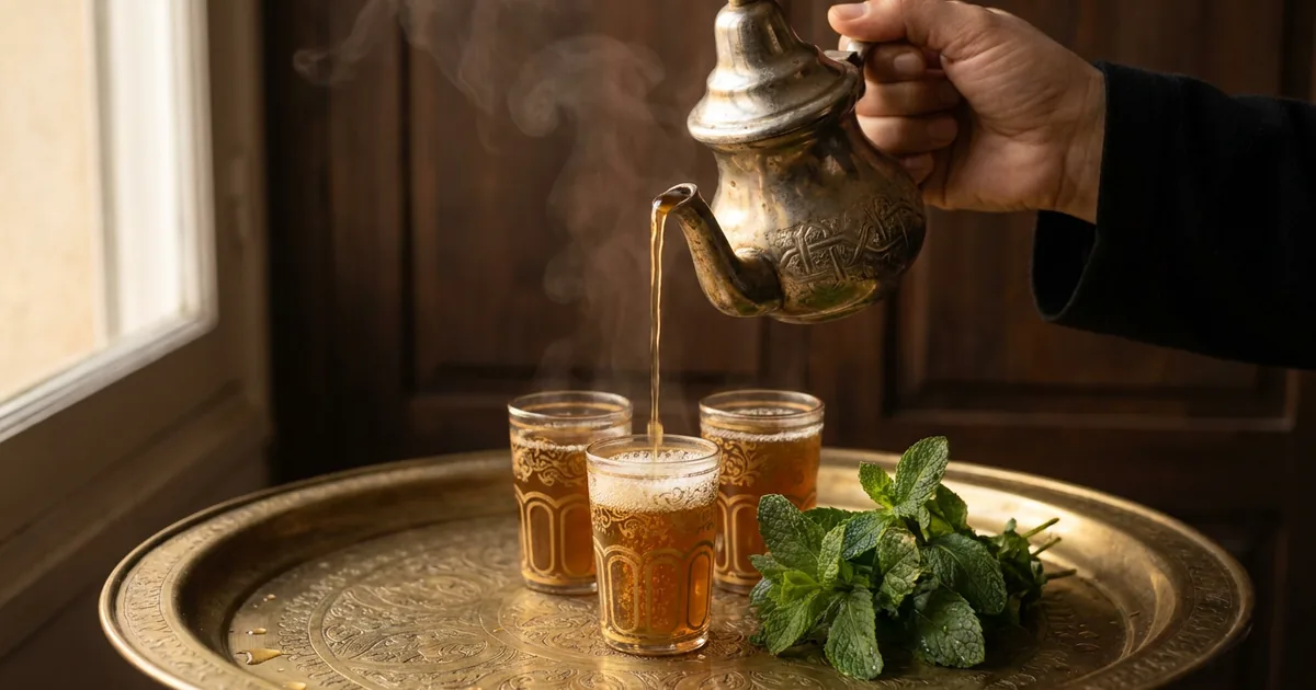 Mint tea poured from a raised metal teapot into small tea glasses on an engraved brass tray with fresh mint