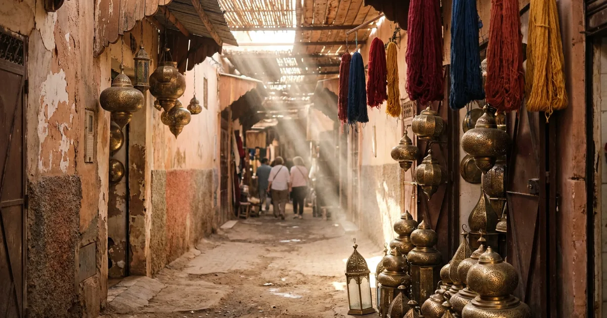 Covered souk alley in Marrakech with pierced brass lanterns, hanging skeins of dyed wool and shafts of afternoon light