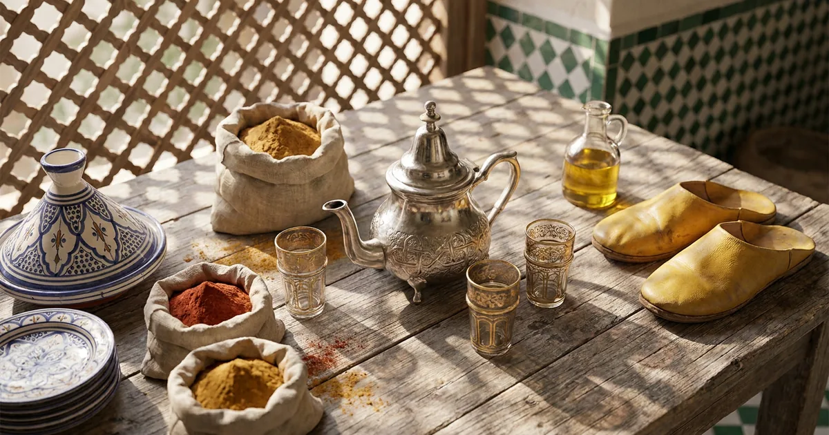 Moroccan souvenirs on a wooden table in a riad: painted tagine, ceramic plates, teapot and tea glasses, spice sacks, yellow babouches and a bottle of oil