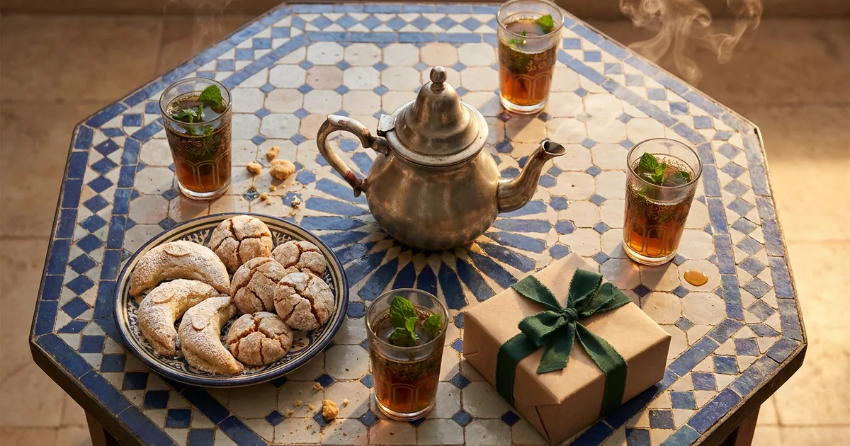 Table marocaine en zellige avec théière, verres de thé à la menthe, assiette de cornes de gazelle et ghribas, et un paquet cadeau en papier kraft noué d'un ruban vert