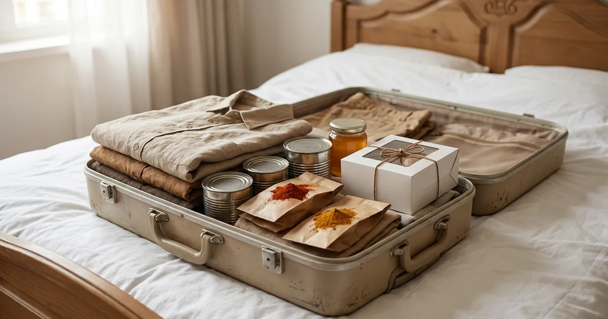 Open suitcase on a hotel bed with folded clothes, plain tins, paper bags of spices, a small jar of honey and a tied pastry box