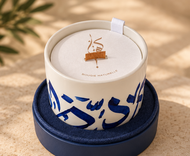 Bougie artisanale à motif de mosaïque et écriture arabe, vue 2